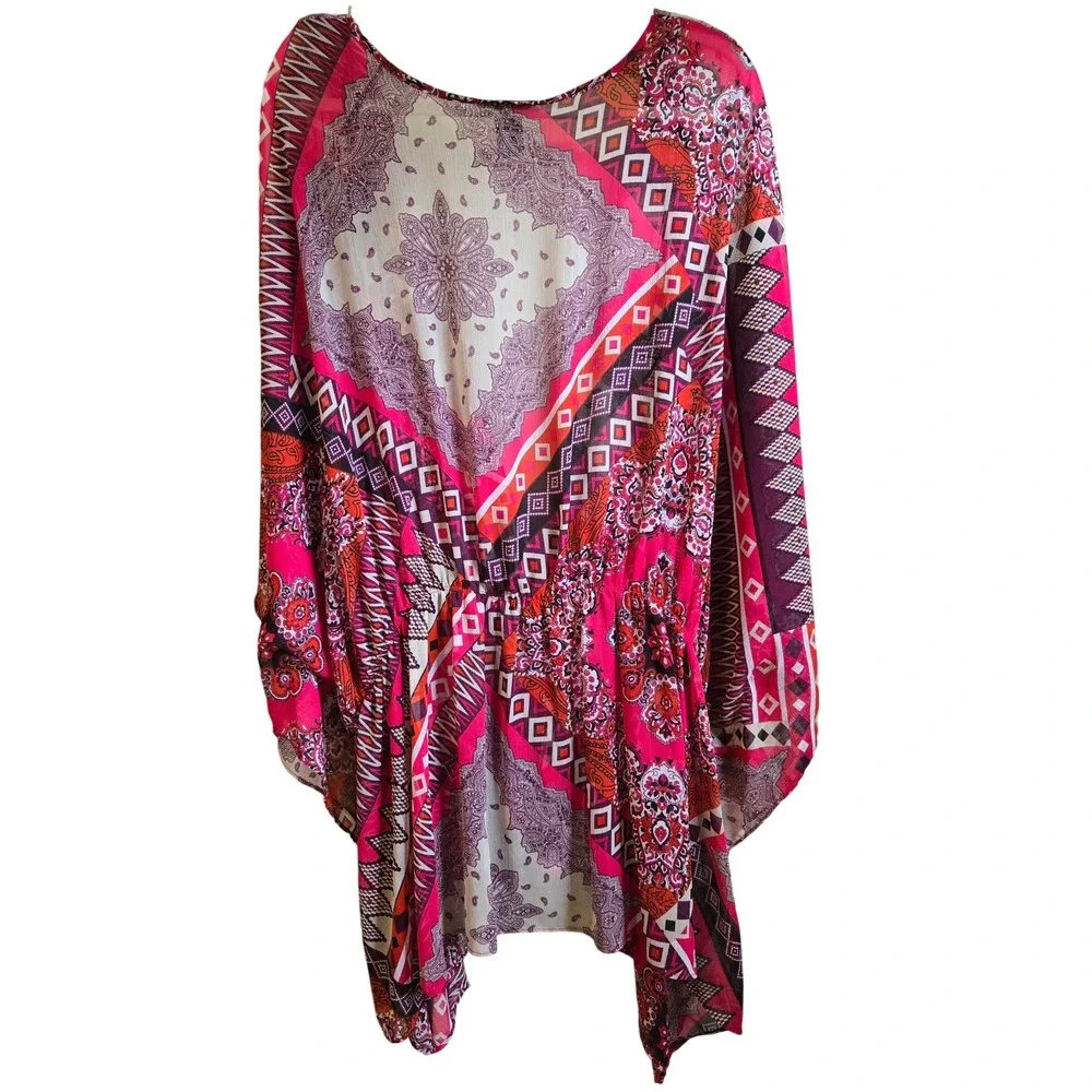 Maggie‎ Barnes Pink Paisley Geometric Kimono Cover Up Drawstring Waist 3X